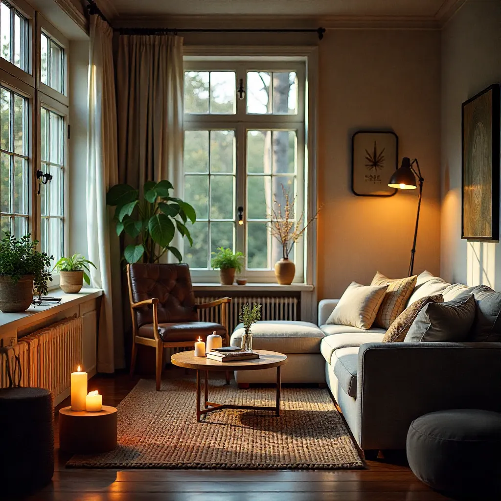 Cozy hygge-inspired living space with warm lighting