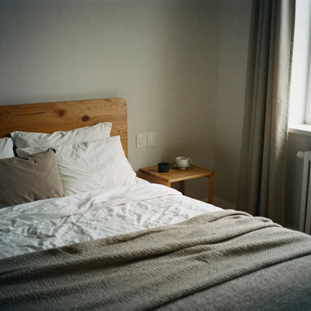 Minimal bedroom with hygge elements